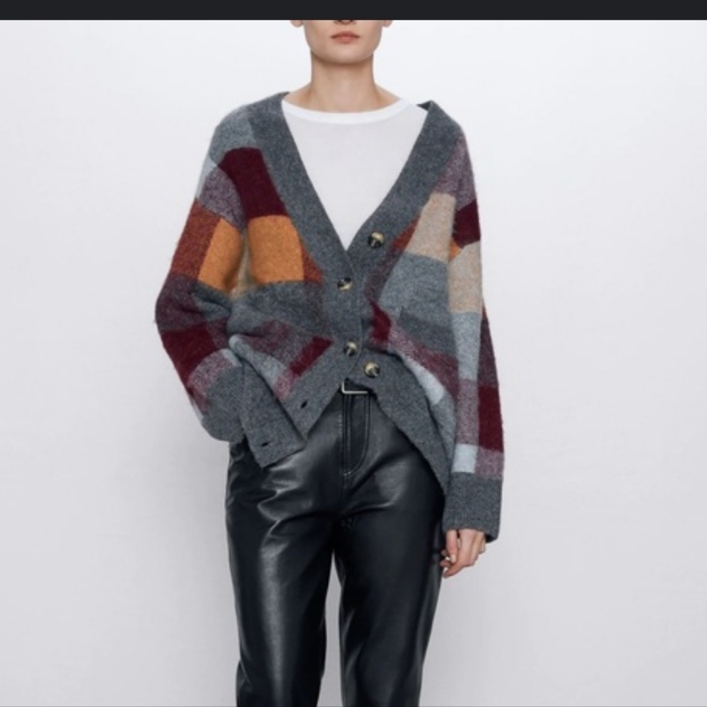 Zara Women's Oversized Burgundy & Gray Checkered Alpaca Blend Cardigan Sz Small